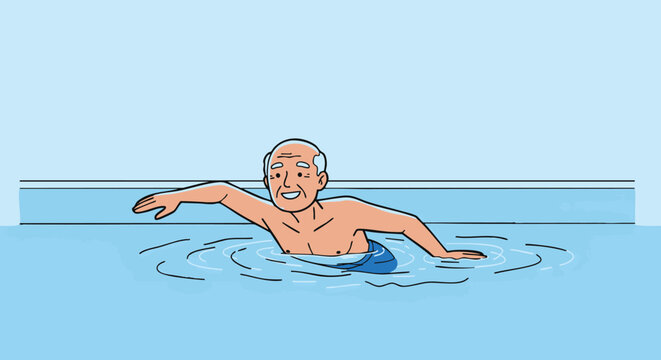 Senior man swimming laps in a pool, maintaining fitness and enjoying a healthy lifestyle