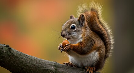 Squirrel sitting on branch with blurred autumn background