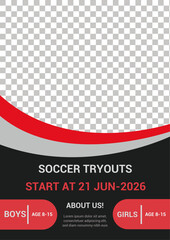 Editable soccer tryouts flyer template with red and black design, photo placeholder, and modern layout. Perfect for sports events, tournaments, and youth soccer promotions
