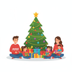 children with father and mother under the Christmas tree