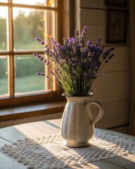 Arranging fresh lavender stalks in a vintage ceramic vase on a lace-covered table for a charming home decor scene