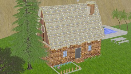 A cozy cottage house where the roof is made of Nepal 10 Rupees banknotes, symbolizing financial security, real estate value, and investment