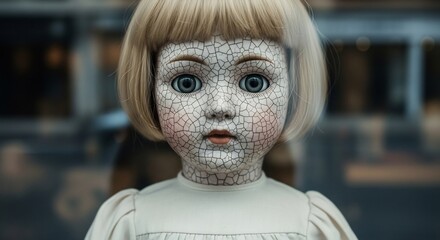 Creepy cracked porcelain doll with unsettling gaze for Halloween, haunted house design, or horror movie poster. Perfect for thriller novel covers. Scary, vintage, retro.
