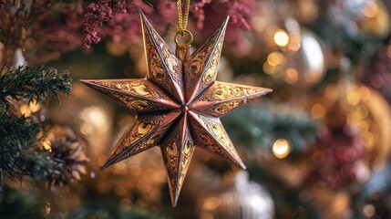 beautiful golden star ornament hangs on a christmas tree adorned with lights and decorations