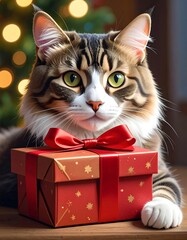 A cat with a Christmas gift