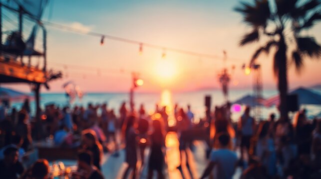 blurred people having sunset beach party in summer vacation  defocused image  concept of nightlife with cocktails and music entertainment no logos no brands ar 169