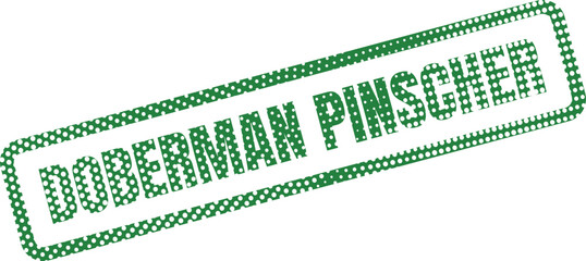 An emerald doberman pinscher text stamp appears with its rounded border on white