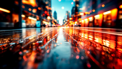 Abstract View of a Wet City Street at Night with Blurred Lights. Urban Scene, Nightlife Background, Modern City.