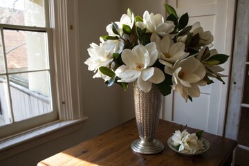 Elegant large white magnolia blooms in a tall vase by the window - a captivating floral display in natural light