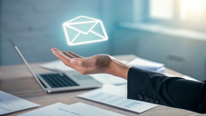 Hand holding glowing envelope icon above palm at blurred office desk with documents in background for effective communication