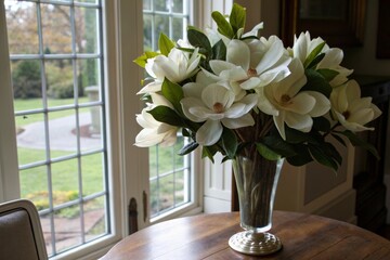 Captivating large white magnolia blooms in an elegant tall vase by the window enhancing home decor with graceful floral arrangements