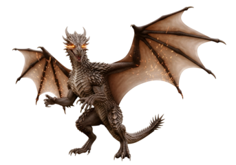 A powerful, fantasy dragon with fiery sparks erupting from its wings, presented against a stark black background.