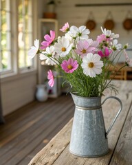Fototapeta premium Arranging pink and white cosmos flowers in a vintage metal pitcher on a rustic table for charming country cottage decor