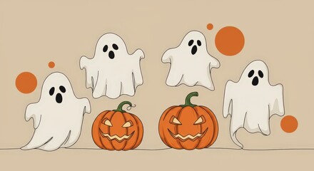 Spooky specters and grinning gourds adorn a vintage Halloween scene with simple line art