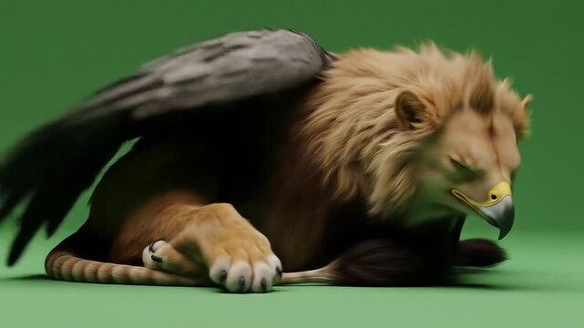 The serene repose of a legendary griffin, a fantasy concept of power and majesty, isolated on a green screen for digital compositing