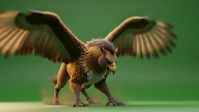 A majestic mythical griffin poised for flight, its powerful eagle wings spread wide against a vibrant green studio background