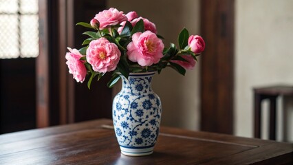 Elegant display of pink camellias in a traditional blue and white porcelain vase on a dark wooden table in a cozy home environment