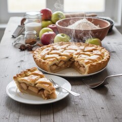Steaming apple pie delight served on a wooden table with baking ingredients, a sweet treat from the kitchen