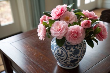 Arranging pink camellias in a traditional blue and white porcelain vase on dark wooden table floral still life indoor setting artistic perspective