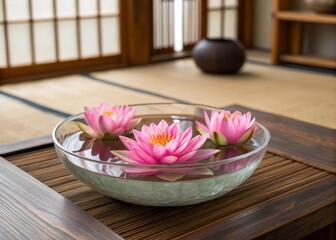Captivating pink lotus flowers nestled in a shallow round glass bowl artistic display tranquil setting serene environment close-up view floral elegance