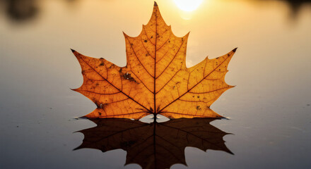Perfectly symmetric maple leaf with vibrant autumn colors, vein patterns showing fractal design, placed on reflective surface, double exposure effect, seasonal natural art