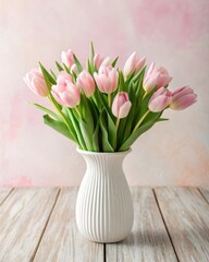 Arranging soft pink tulips in a white ceramic vase for a stunning floral display in a stylish home environment - aesthetic viewpoint on elegant floral design
