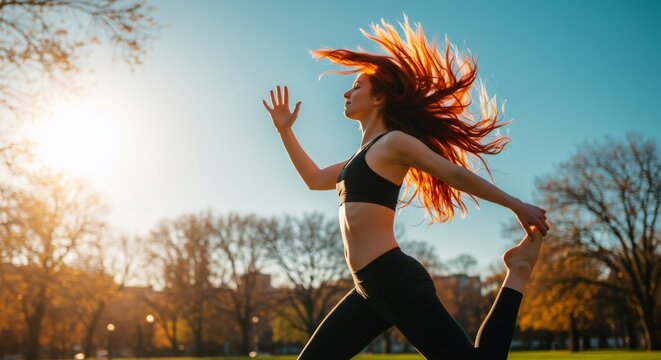 Woman practicing yoga in nature during sunset. Healthy active lifestyle concept. Wellness and fitness outdoor activity for body and mind.