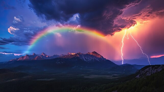 A stunning high-definition photograph capturing an epic rainbow and lightning storm over jagged mountain 