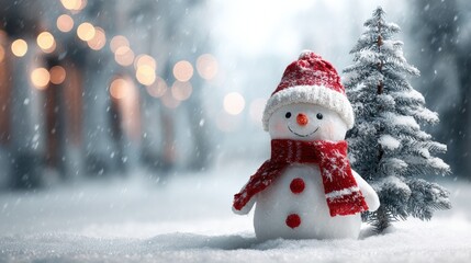 cute snowman with red scarf and hat near christmas tree in snow for holiday greetings banner