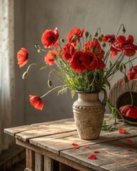 Vibrant red poppies in a rustic vase on a worn wooden table painterly still life photography soft diffused light environment captured from an artistic viewpoint
