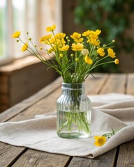 Arranging yellow buttercups in a clear jar of water on a rustic table with a linen cloth a creative display of nature indoor decor rustic charm floral inspiration