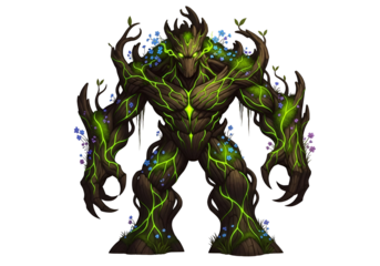 A colossal, arboreal creature, adorned with glowing green vines and vibrant flowers, stands majestically against a stark black background.