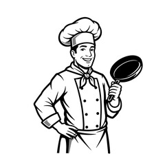 Smiling Chef Holding Frying Pan Illustration for Cooking and Culinary Branding