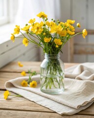Arranging yellow buttercups in a clear jar of water on a rustic table with linen cloth capturing the beauty of nature in a serene home environment