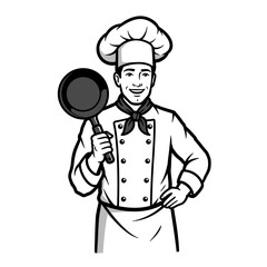 Smiling Chef Holding Frying Pan Illustration for Cooking and Culinary Branding