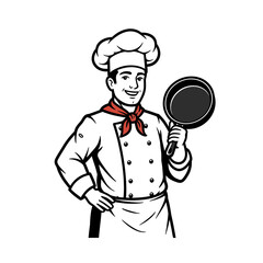 Smiling Chef Holding Frying Pan Illustration for Cooking and Culinary Branding