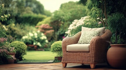 wicker armchair with pillow on green terrace in beautiful garden no logos no brands ar 169