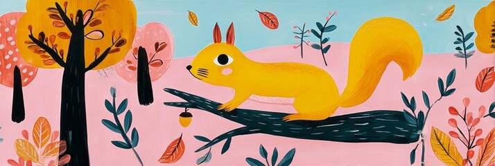 In a vibrant autumn landscape, a red squirrel perches on a tree trunk, alert and gripping an acorn with its paws, surrounded by colorful foliage and a serene backdrop, banner