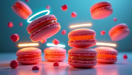 Obraz premium Floating pink macarons with neon lights and colorful sweets on a whimsical background