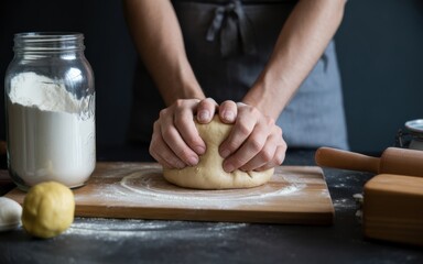 Fototapeta premium Hands kneading dough on wooden board beside flour jar and rolling pin baking cooking