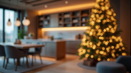 Blurred Christmas background with tree and lights warm comfortable cozy interior space decorated for holidays