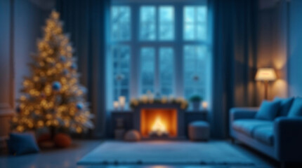 Blurred Christmas background with tree and lights warm comfortable cozy interior space decorated for holidays
