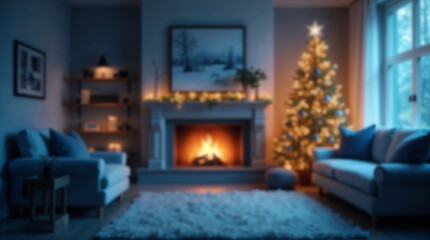 Blurred Christmas background with tree and lights warm comfortable cozy interior space decorated for holidays