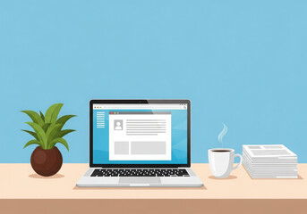 Fototapeta premium Modern home office desk with laptop plant and coffee cup