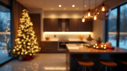Blurred Christmas background with tree and lights warm comfortable cozy interior space decorated for holidays