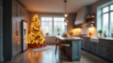 Blurred Christmas background with tree and lights warm comfortable cozy interior space decorated for holidays