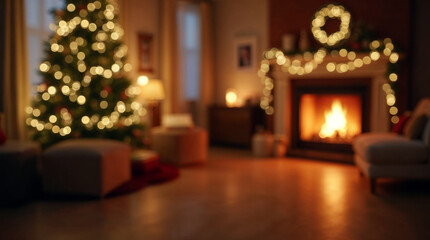 Blurred Christmas background with tree and lights warm comfortable cozy interior space decorated for holidays
