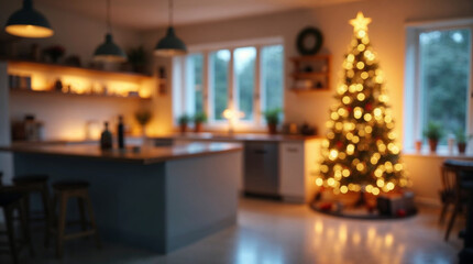 Blurred Christmas background with tree and lights warm comfortable cozy interior space decorated for holidays