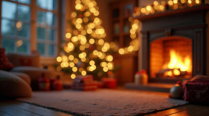 Blurred Christmas background with tree and lights warm comfortable cozy interior space decorated for holidays
