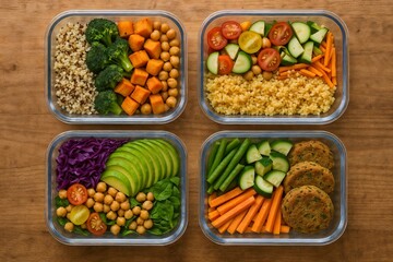 Top view of four healthy vegan meal prep bowls filled with assorted vegetables, grains, and plant-based protein.
